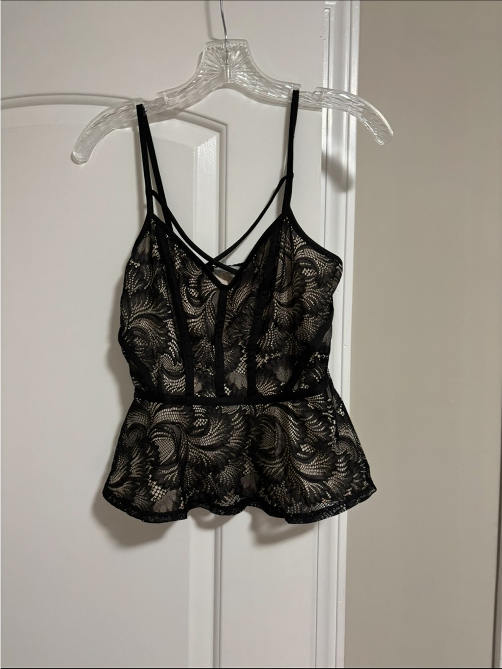 CHARLOTTE ROUSE, Black Lace Peplum Cocktail Top, Size Small